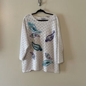 Diane Von Furstenberg Color Authority White Paisley Embroidery Sweater 1X *READ*